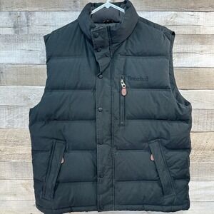 Timberland Mens Puffer Vest Black Down Fill Zip Snap Fleece Collar Large